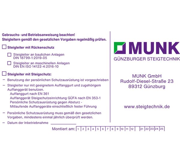 Plaque sign. pr échelle disp. protec. anti-chute | © MUNK GmbH